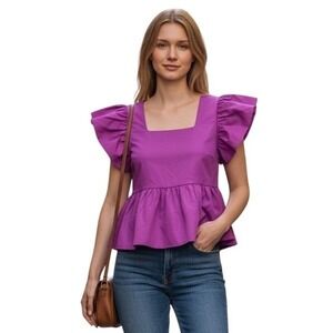Express Womens Top Purple XSmall Ruffle Sleeve Peplum Square Neck Satiny NWT